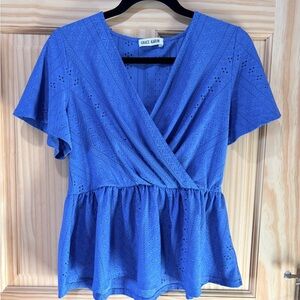 Grace Karin Royal Blue Eyelet Peplum Blouse